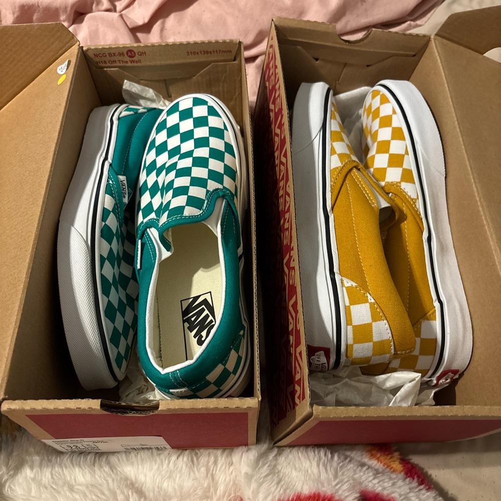 Vans Kids Checkered Slip-On Shoes - Green and Yellow